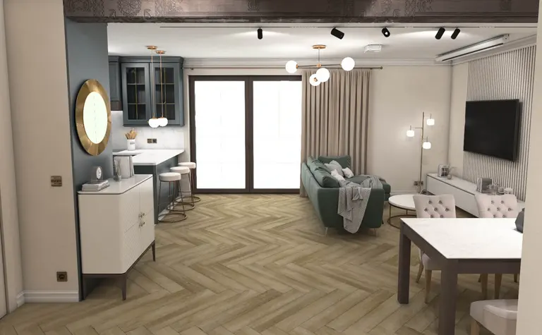 Eklektyczne wnętrze kuchni z glamour akcentami, nowoczesne i vintage elementy