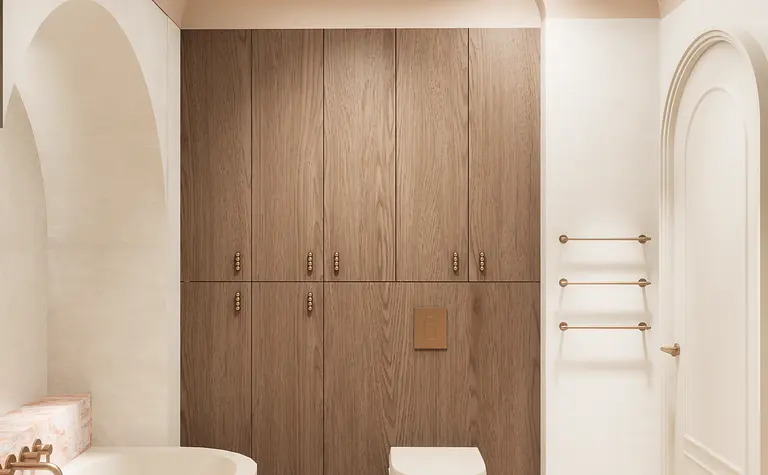 Wnętrze łazienki z drewnianymi meblami i minimalistycznym designem.