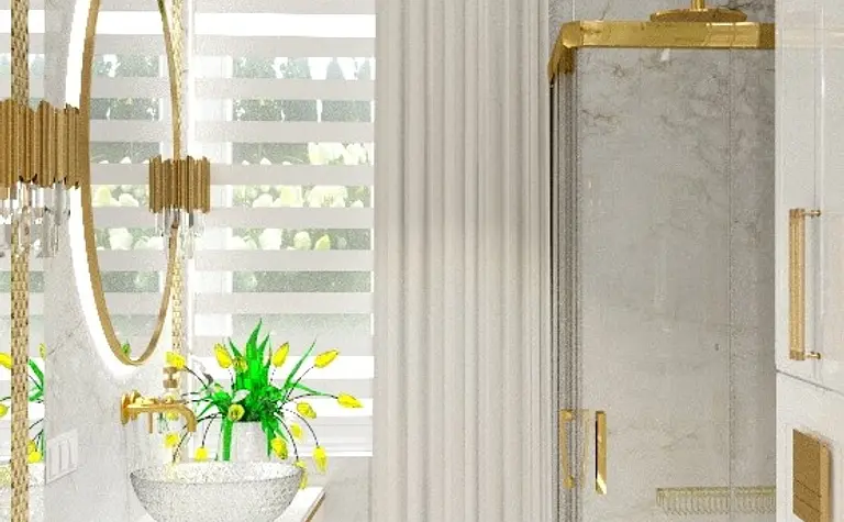 Luksusowa łazienka z białymi meblami, złotymi detalami i dekoracyjną rośliną.