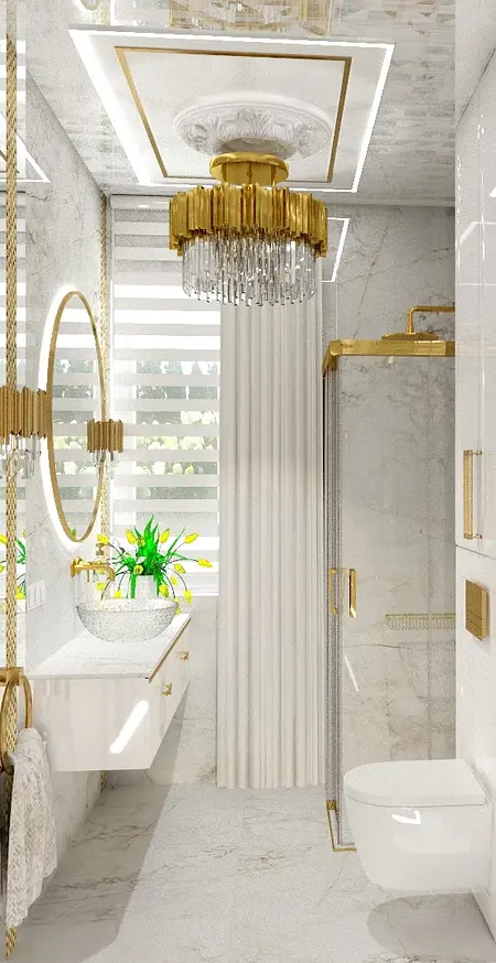 Luksusowa łazienka z białymi meblami, złotymi detalami i dekoracyjną rośliną.