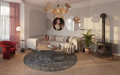 Wnętrze salonu z jasnymi meblami, roślinami i nowoczesnym oświetleniem w stylu dopamine decor.