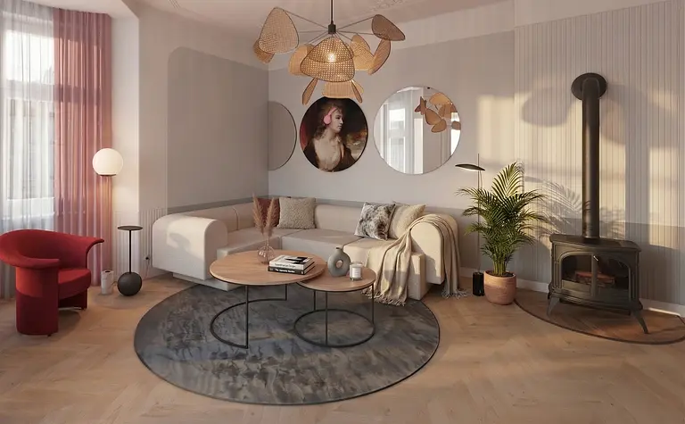 Wnętrze salonu z jasnymi meblami, roślinami i nowoczesnym oświetleniem w stylu dopamine decor.