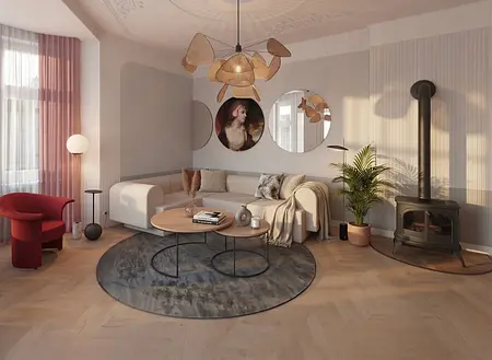 Wnętrze salonu z jasnymi meblami, roślinami i nowoczesnym oświetleniem w stylu dopamine decor.