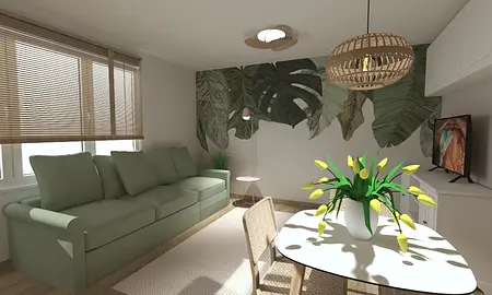 Wnętrze salonu z zieloną sofą, białym stołem i roślinami.
