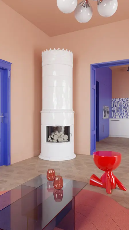 Wnętrze salonu z białym kominkiem, różowymi meblami i niebieskimi detalami w stylu dopamine decor.