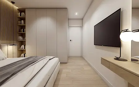 Wnętrze sypialni w stylu minimalistycznym i nowoczesnym z jasnymi meblami.