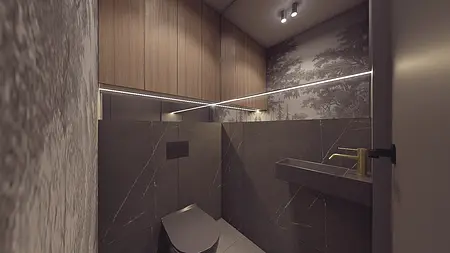 Toaleta z nowoczesnym designem, drewniane meble i ciemne płytki. Minimaluxe i współczesny styl.