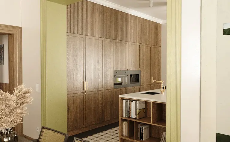 Wnętrze kuchni z drewnianymi meblami, akcentami w kolorze zielonym, styl dopamine decor, vintage i współczesny.
