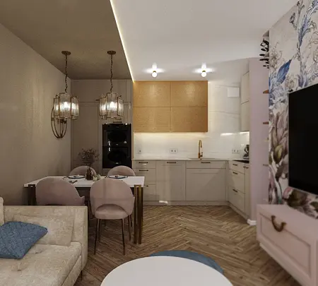 Wnętrze kuchni z nowoczesnymi meblami i glamour akcentami.