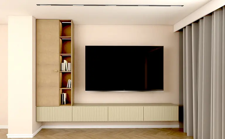 Wnętrze współczesnego salonu z minimalistycznym meblem i telewizorem, styl japandi, skandynawski.