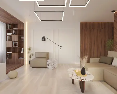 Wnętrze salonu w stylu glamour, japandi i nowoczesnym z beżową sofą i drewnianymi detalami.