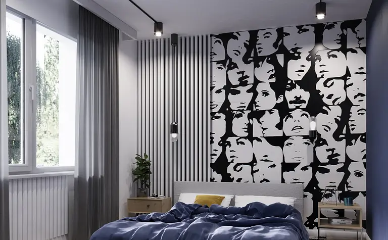 Eklektyczna sypialnia z niebieską pościelą, nowoczesnym oświetleniem i minimalistycznymi detalami.