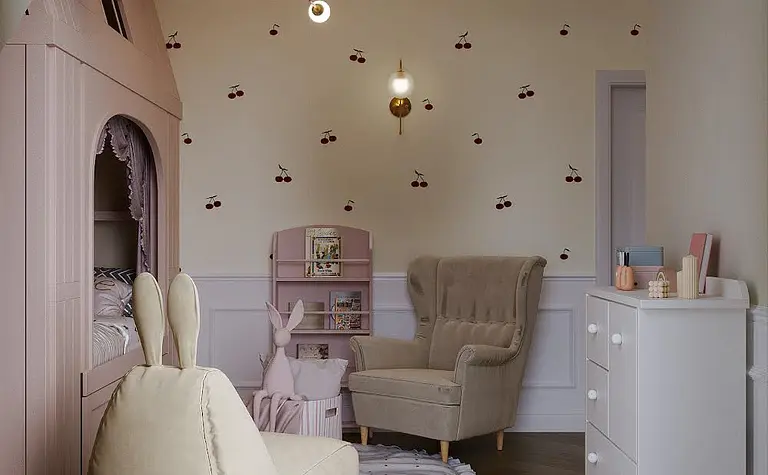Pokój dla dzieci w stylu art deco i eklektycznym z różowymi meblami.
