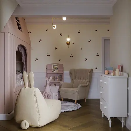 Pokój dla dzieci w stylu art deco i eklektycznym z różowymi meblami.