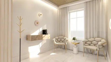 Stylowe wnętrze z beżowymi meblami i złotymi detalami