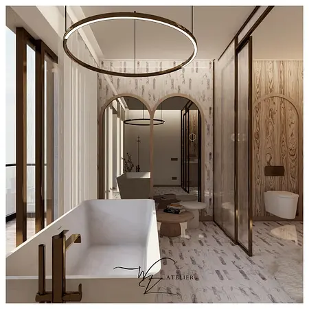 Nowoczesna łazienka glamour z wanną i drewnem, styl quiet luxury
