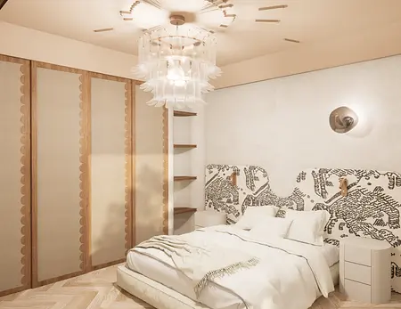 Wnętrze sypialni w stylu japandi z elementami glamour i soft minimalizmu