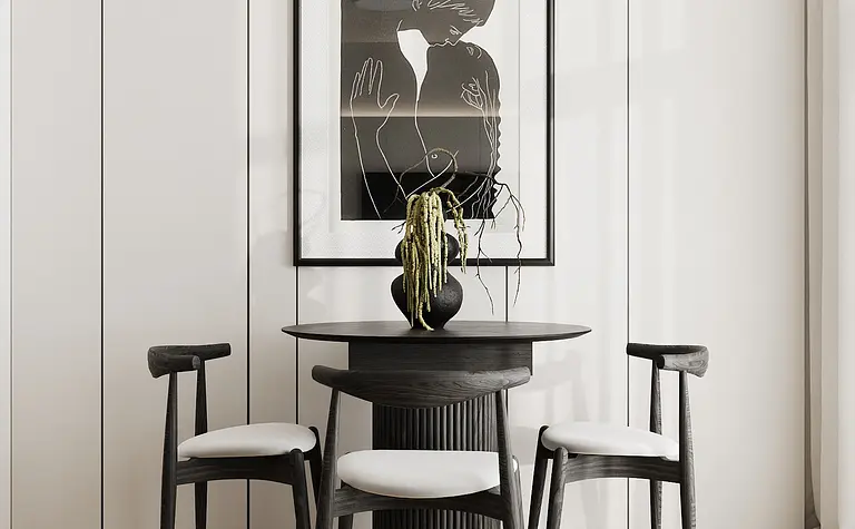 Jadalnia w stylu industrialnym z minimalistycznym stołem i krzesłami