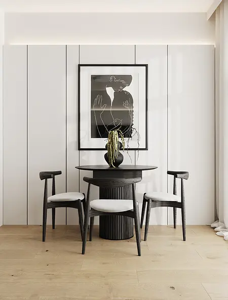 Jadalnia w stylu industrialnym z minimalistycznym stołem i krzesłami