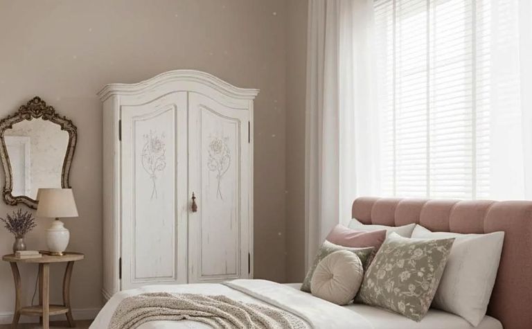 Sypialnia w stylu prowansalskim z białą szafą i różowym wezgłowiem