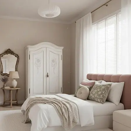 Sypialnia w stylu prowansalskim z białą szafą i różowym wezgłowiem