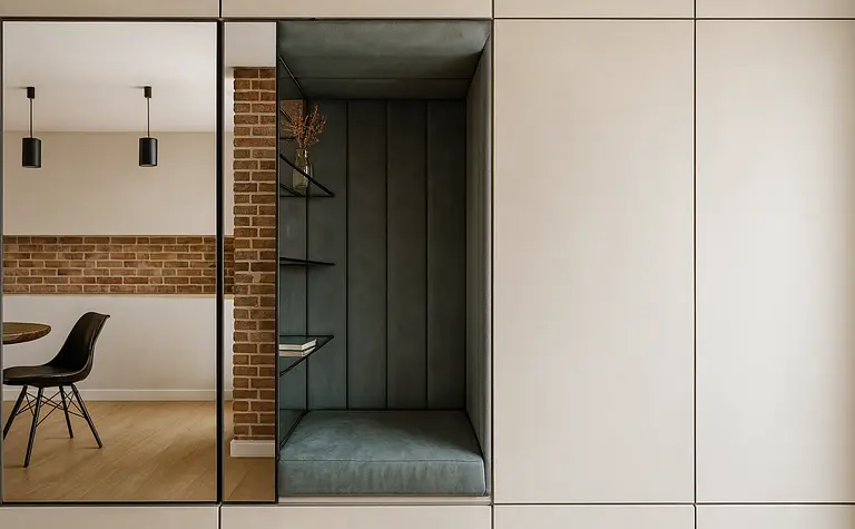 Wnętrze w stylu industrialnym z brązową cegłą i szarymi meblami.