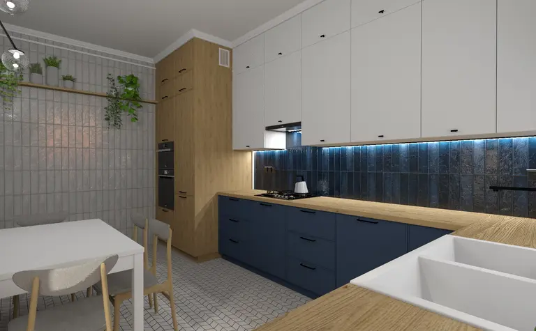 Wnętrze kuchni w stylu art deco, eklektycznym i minimalistycznym z niebieskimi meblami.