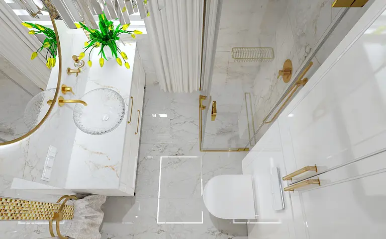 Wnętrze łazienki z białymi meblami, złotymi detalami i lustrem.