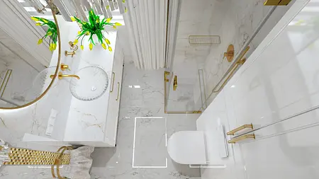 Wnętrze łazienki z białymi meblami, złotymi detalami i lustrem.