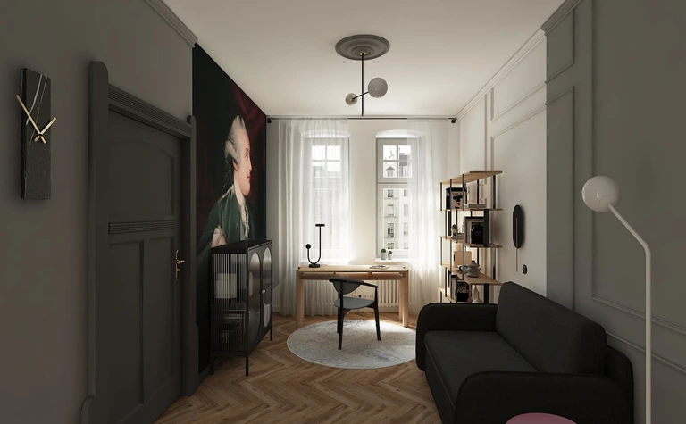 Wnętrze biura z szaro-białymi akcentami i drewnianymi elementami w stylu dopamine decor.