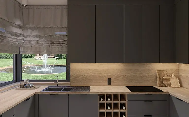 Kuchnia w stylu minimalistycznym z ciemnymi meblami i drewnianym blatem, nowoczesne okno