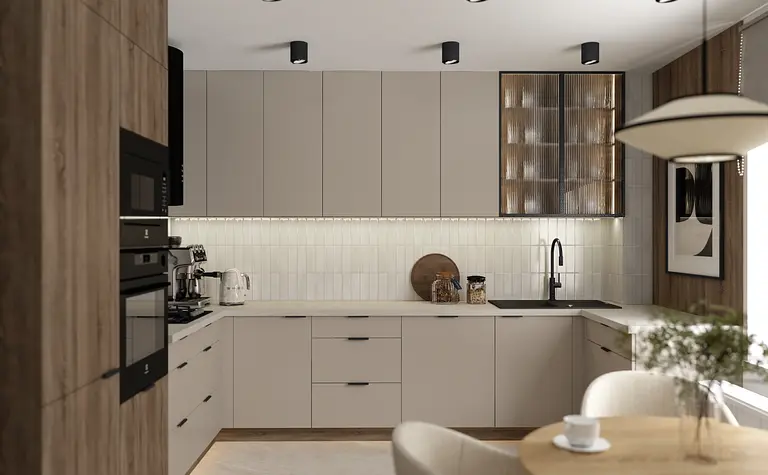 Nowoczesna kuchnia w stylu eklektycznym z drewnianymi meblami i minimalistycznymi detalami.