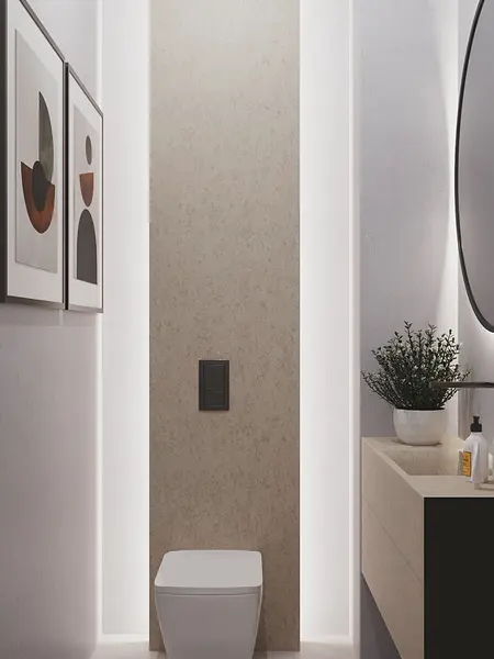 Minimalistyczna toaleta z podświetleniem, nowoczesnymi detalami i rośliną.