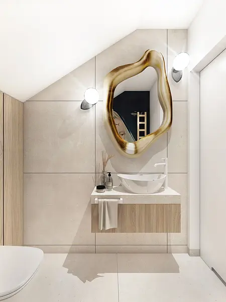 Łazienka w stylu art deco, eklektycznym i nowoczesnym z eleganckim lustrem.