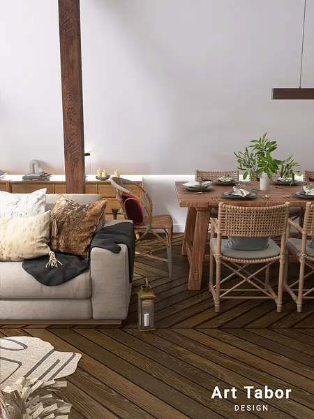 Wnętrze salonu w stylu industrialnym i nowoczesnym z drewnianą podłogą i rośliną.