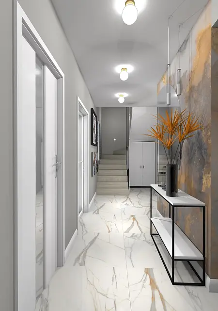 Wnętrze korytarza w stylach art deco, glamour, japandi z szarymi ścianami i nowoczesnym oświetleniem.