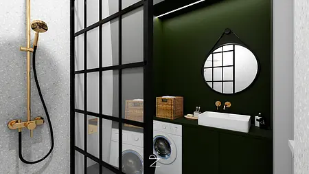 Wnętrze łazienki w stylu industrialnym i minimalistycznym z zieloną ścianą i białą umywalką.