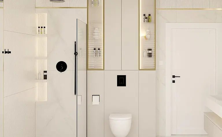 Nowoczesna łazienka w stylu art deco i glamour z białymi meblami