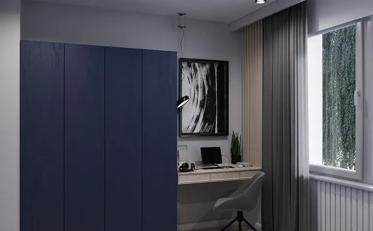 Wnętrze pokoju w stylu eklektycznym i minimalistycznym z biurkiem, szafą oraz dużym oknem.