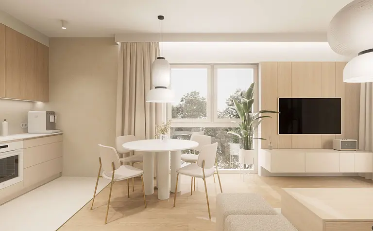 Wnętrze kuchni w stylu japandi i minimalistycznym z drewnem.