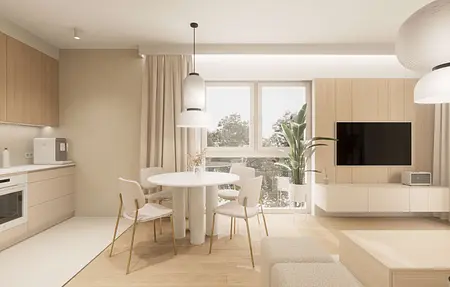 Wnętrze kuchni w stylu japandi i minimalistycznym z drewnem.