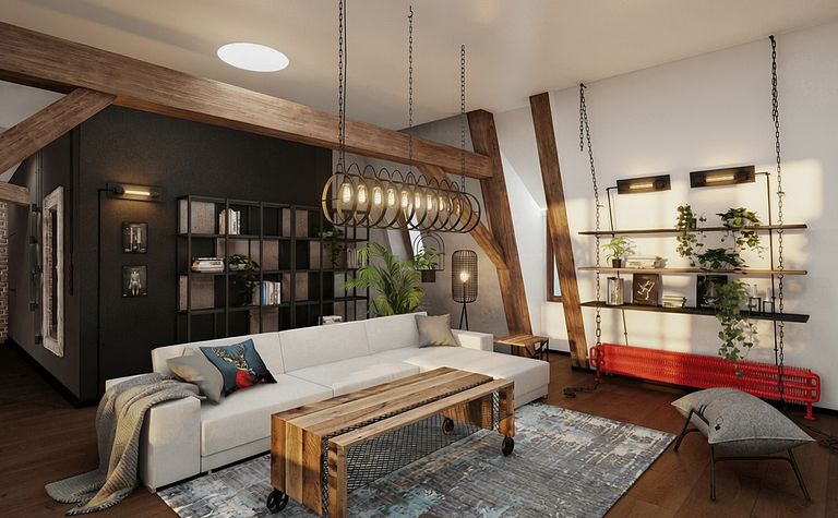 Wnętrze salonu w stylu rustykalnym z białą sofą i drewnianymi akcentami