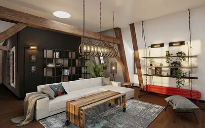 Wnętrze salonu w stylu rustykalnym z białą sofą i drewnianymi akcentami