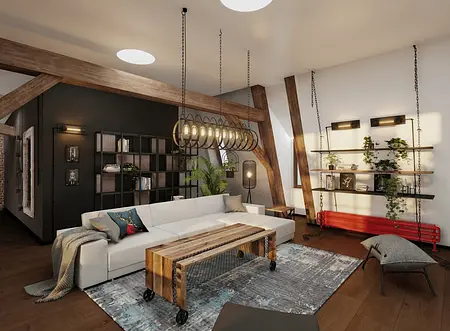 Wnętrze salonu w stylu rustykalnym z białą sofą i drewnianymi akcentami