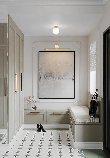 Przedpokój w stylu art deco i eklektycznym z beżowymi meblami i dekoracjami.