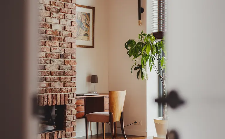 Wnętrze w stylu dopamine decor, eklektycznym, industrialnym, rustykalnym i vintage z biurkiem i rośliną.