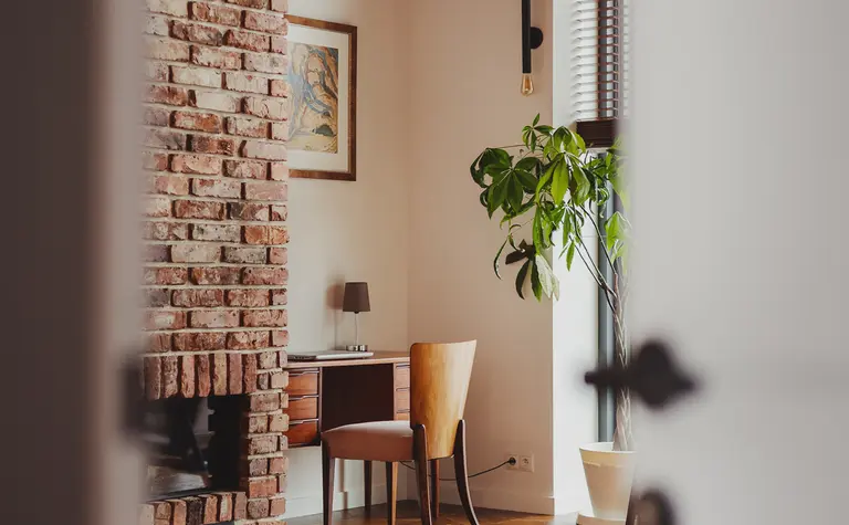 Wnętrze w stylu dopamine decor, eklektycznym, industrialnym, rustykalnym i vintage z biurkiem i rośliną.