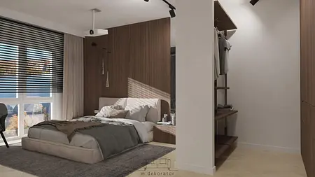 Sypialnia w stylu minimalistycznym i nowoczesnym z drewnianymi meblami i szaro-białą pościelą.
