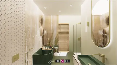 Nowoczesna łazienka z zieloną wanną, styl boho i eklektyczny.