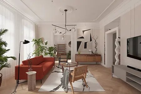 Eklektyczne wnętrze salonu z czerwoną kanapą i roślinami